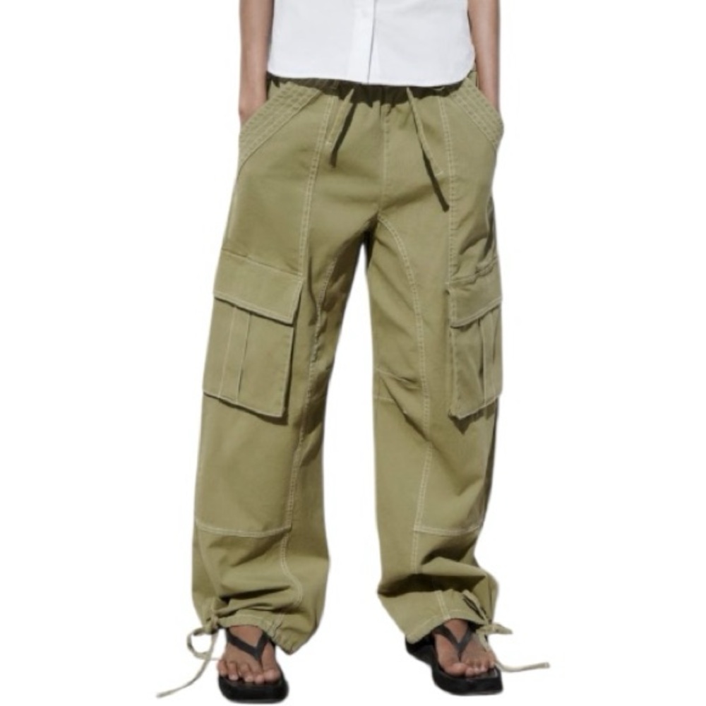 Zara green baggy wide leg cargo pants heavy stitch drawstring carpenter